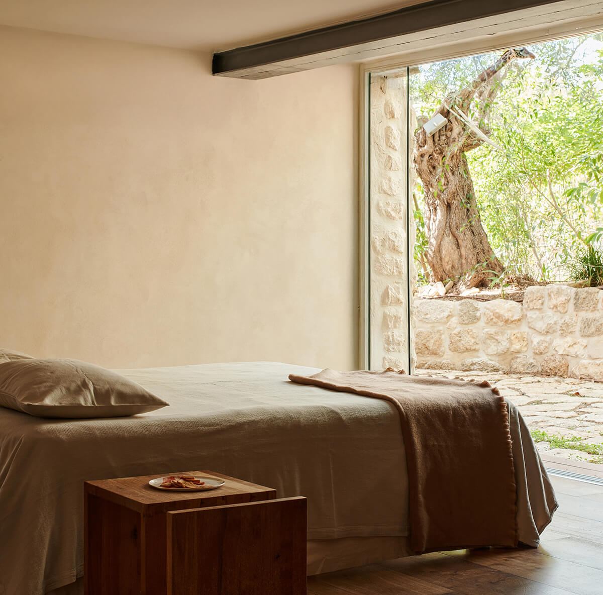 minimalist bedroom with floor-to-ceiling window overlooking ancient olive tree by MA.S Architecture